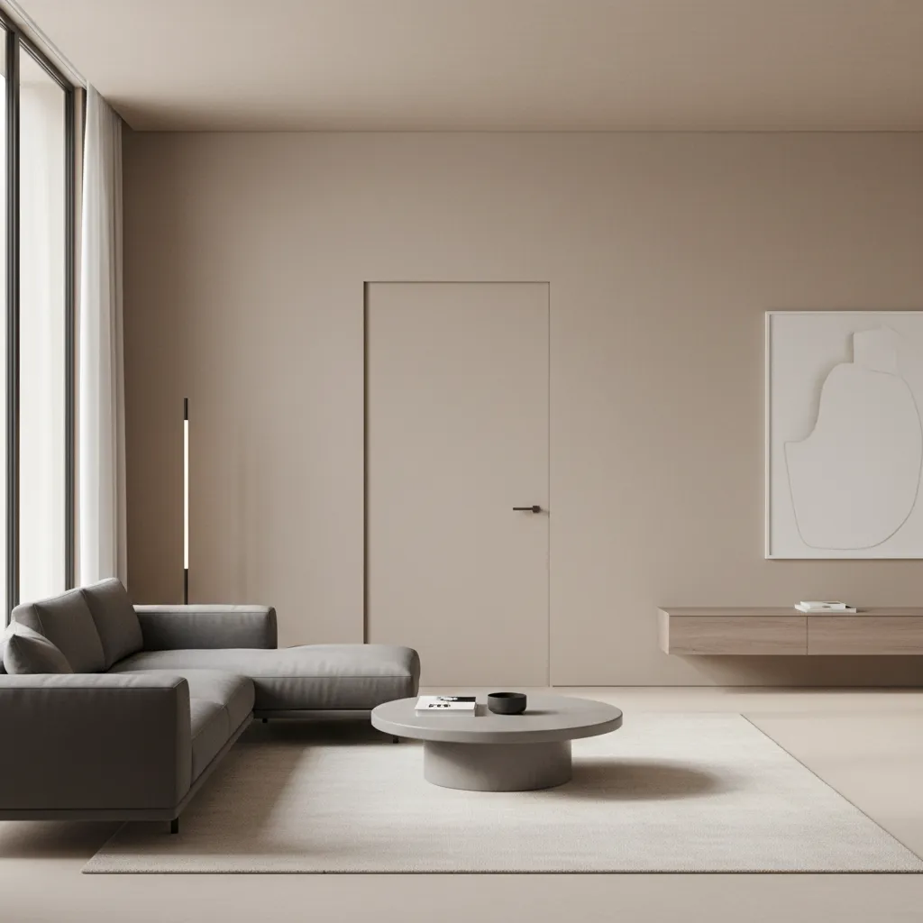 Living room wall with a concealed bathroom door integrated into paneling