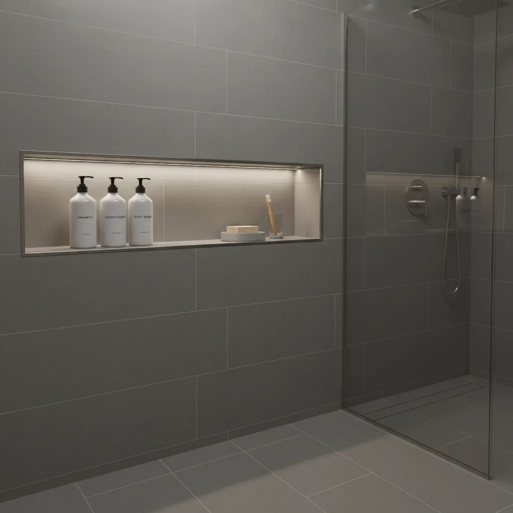 recessed wall niche storage in shower for space saving bathroom organization