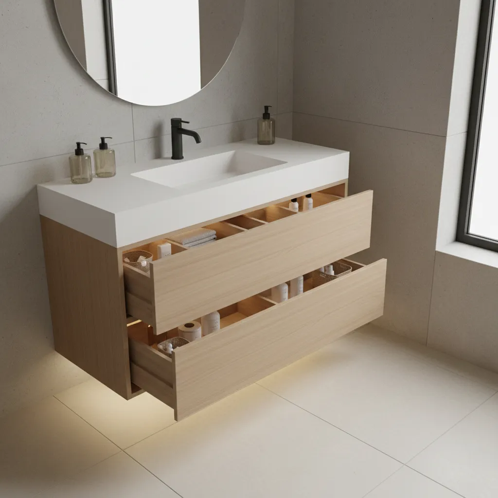 Bathroom vanity with hidden drawers and integrated storage compartments