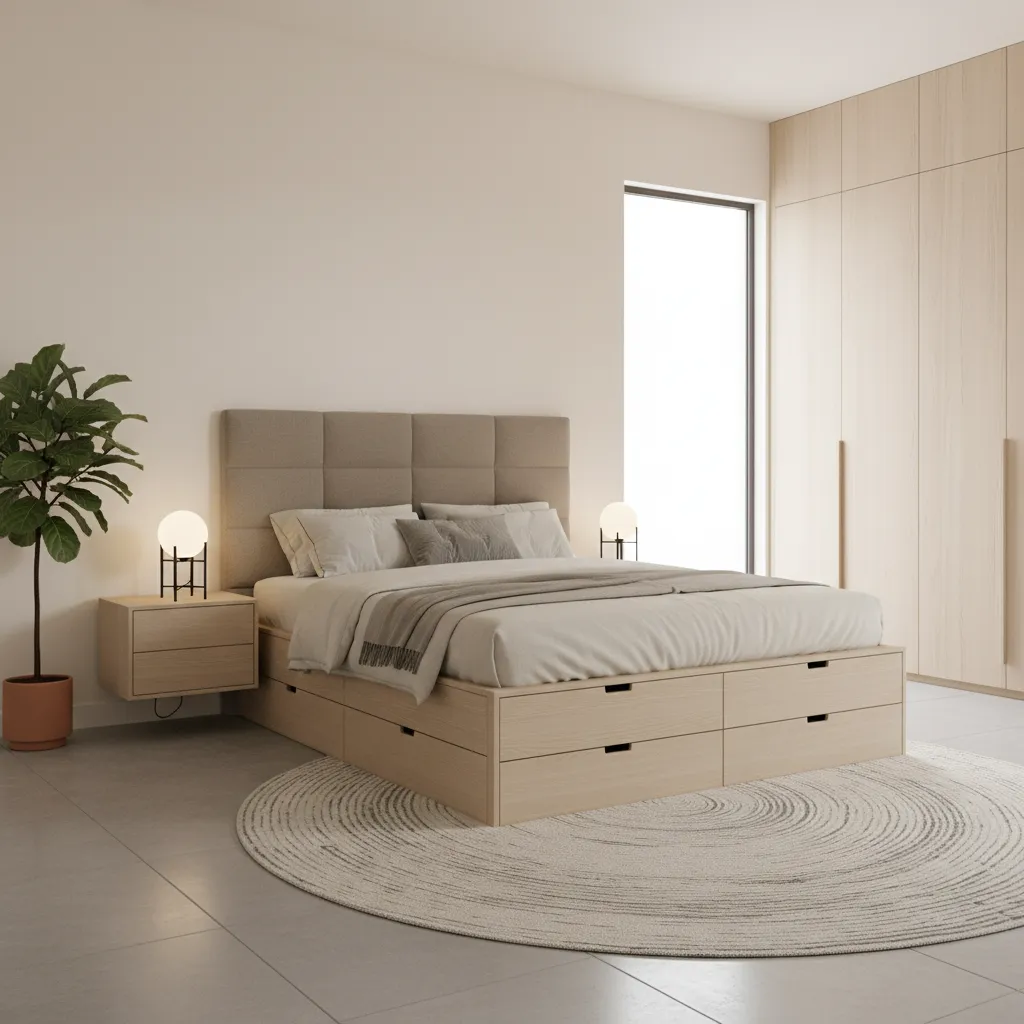 bedroom with hidden storage bed drawers and organized minimalist decor