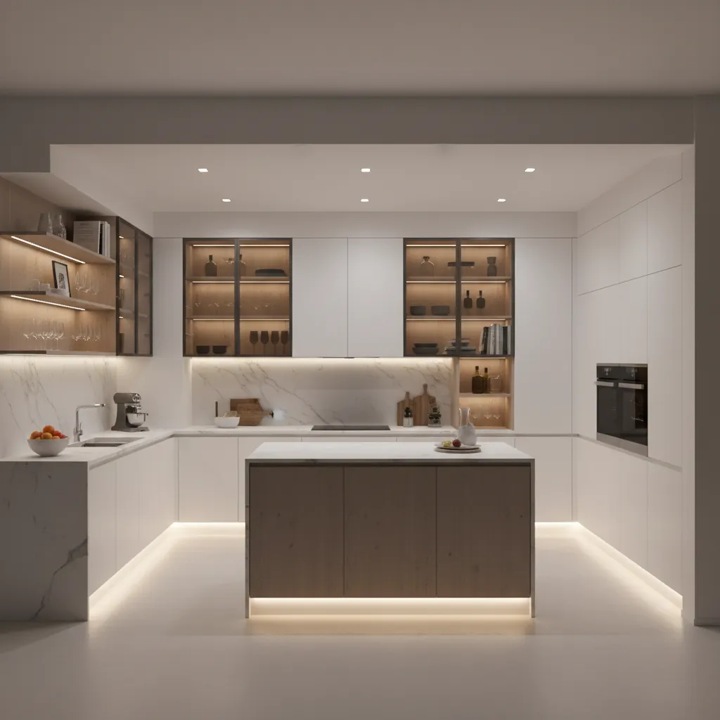 kitchen showing multiple hidden cabinet lighting zones including toe kick and shelves