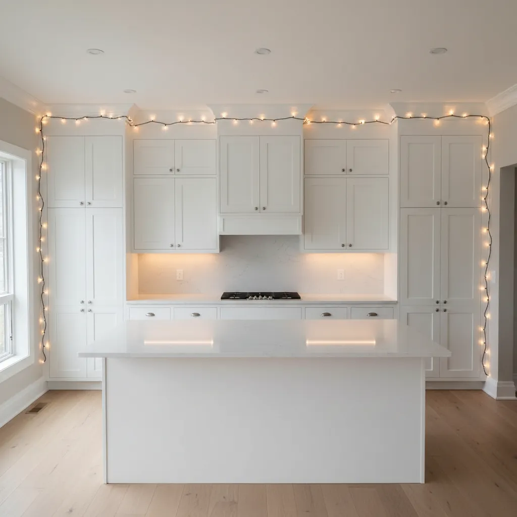 Hidden cable management for Christmas lights along top of kitchen cabinets