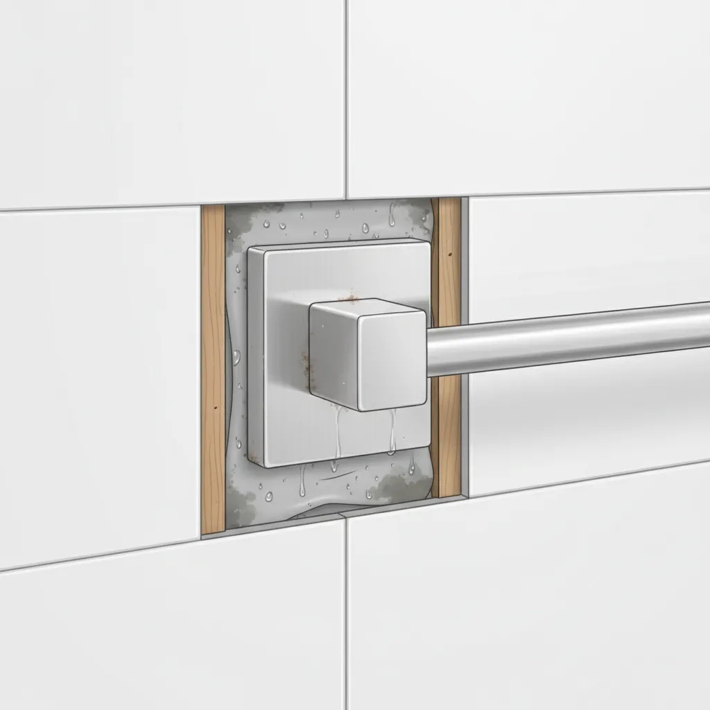 Wall mounted metal fixture showing moisture trapped behind installation plate