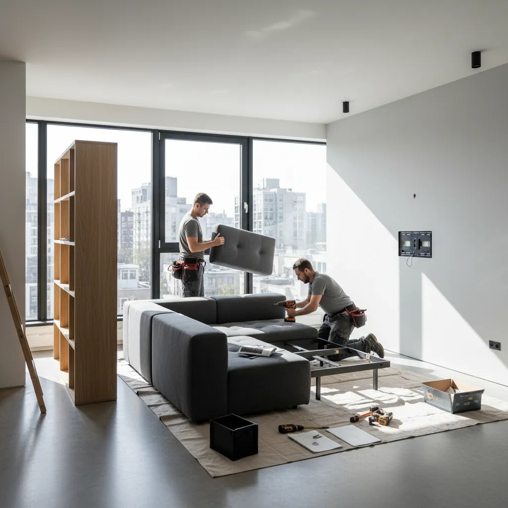 Two workers assembling a grey modular sofa in a bright living room with large glass windows
