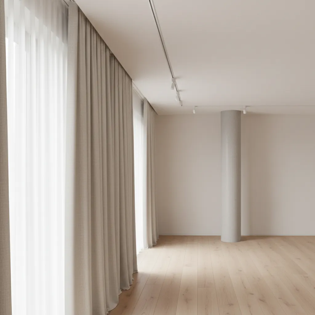 Riel de cortina oculto en el techo en un interior moderno