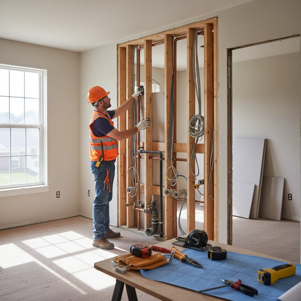 Contractor inspecting hidden wall damage and plumbing issues in a foreclosure property