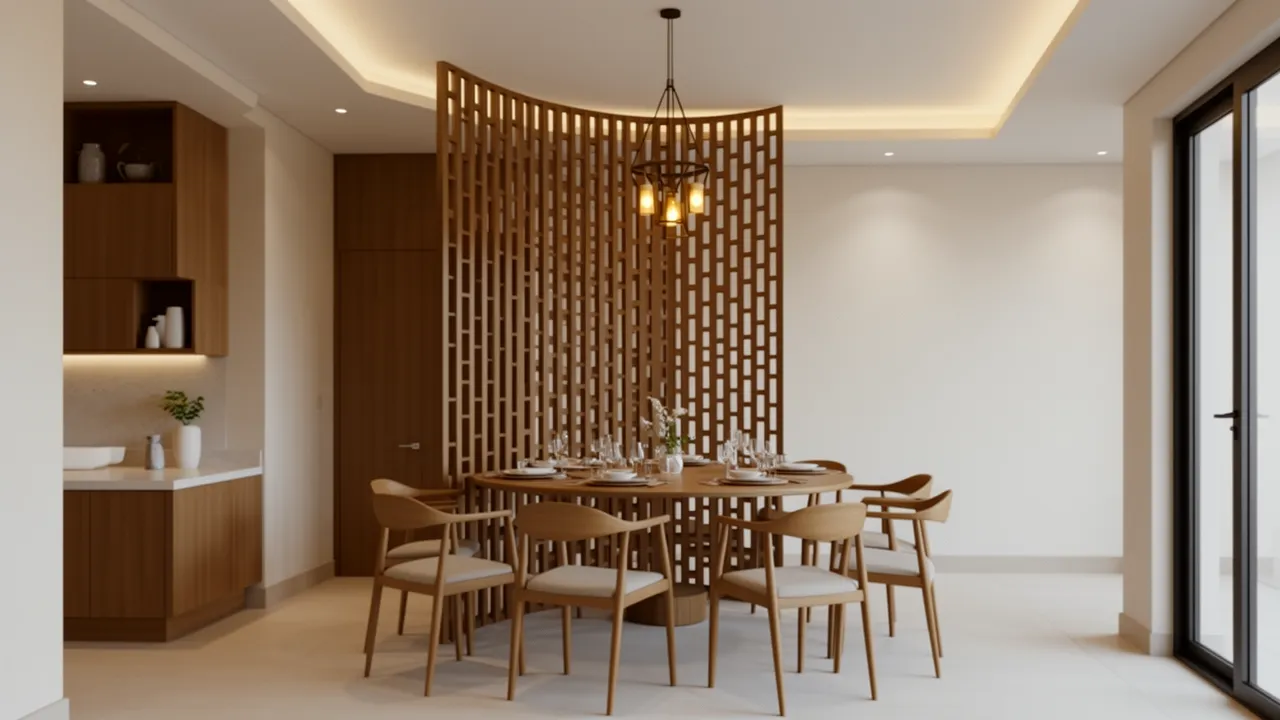 Dining room wash basin hidden behind wooden partition
