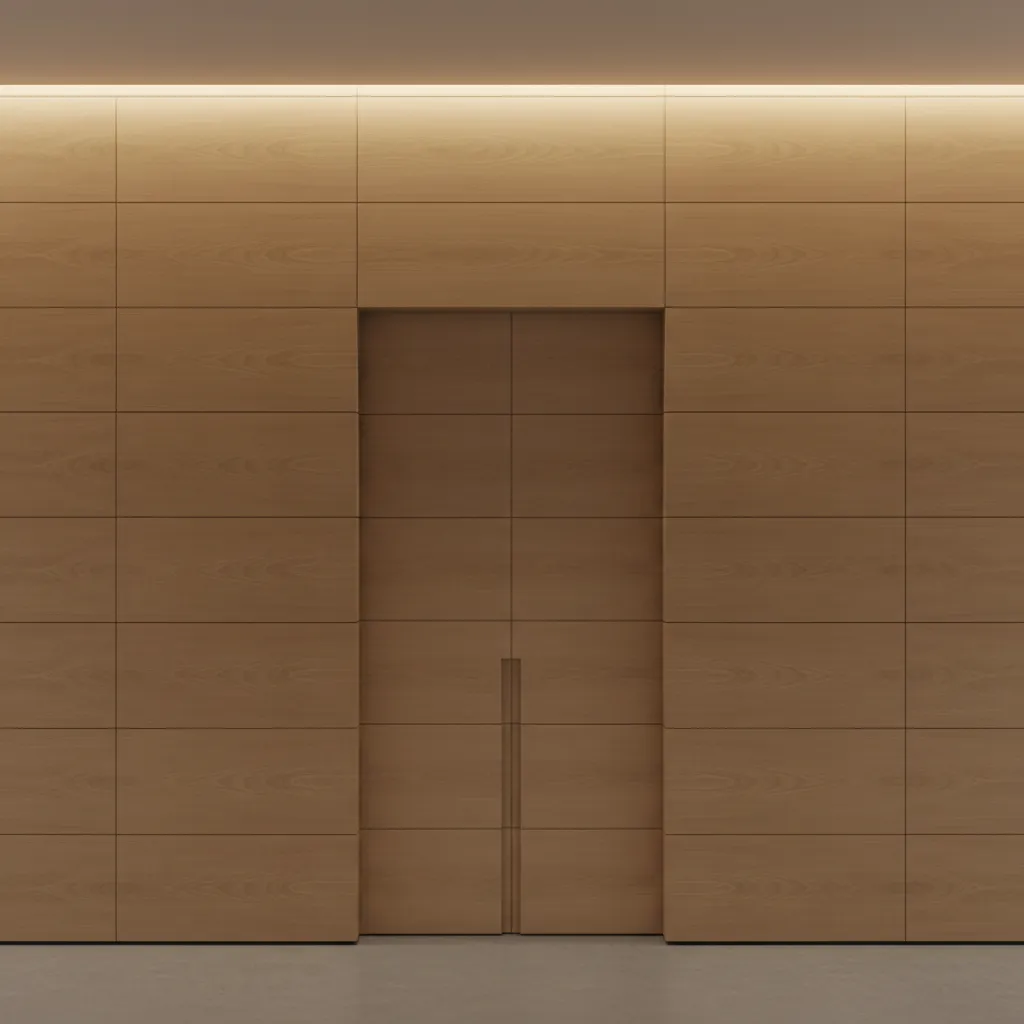 Close view of flush hidden door seam integrated with wall panels