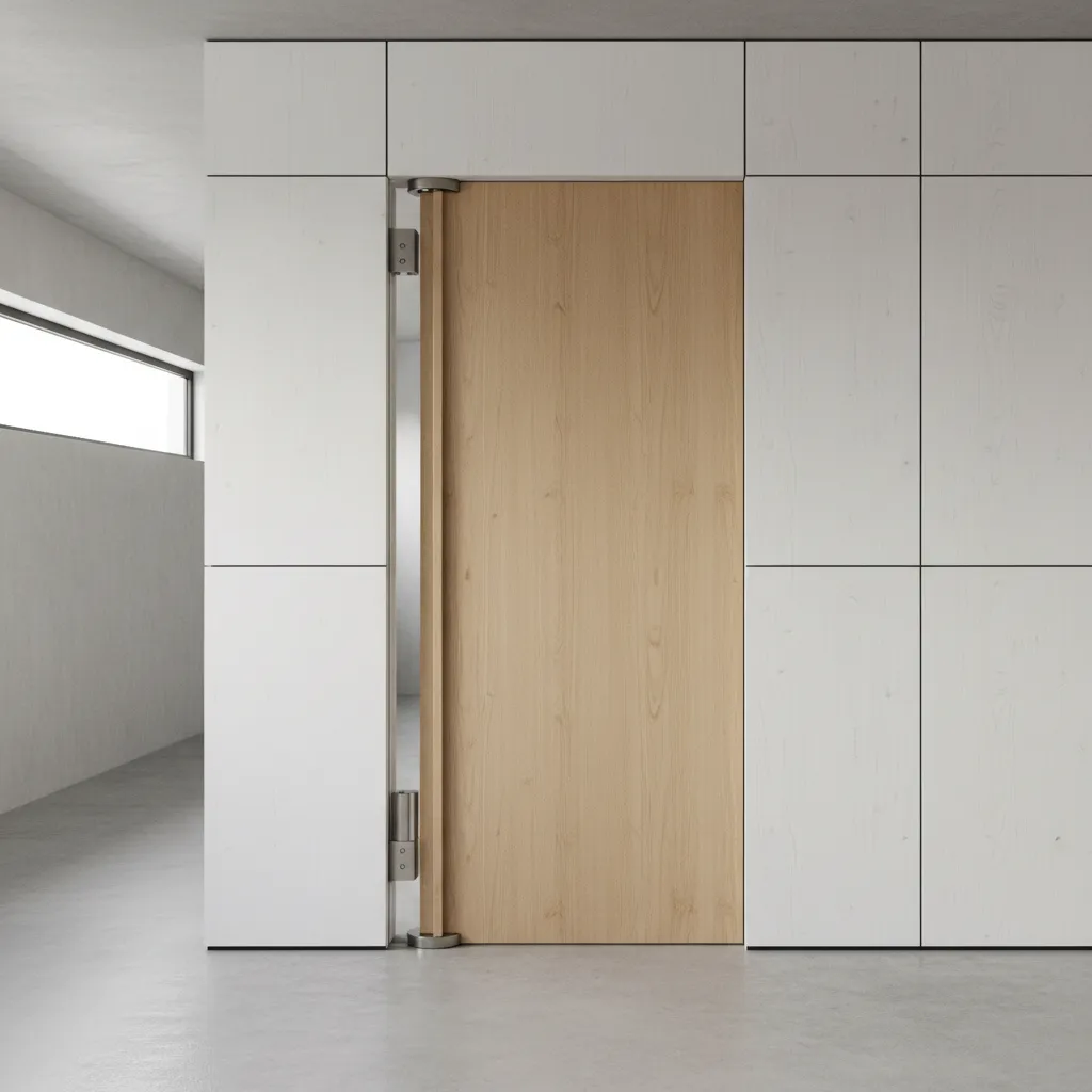 Diagram style render showing pivot hinge system for concealed door alignment