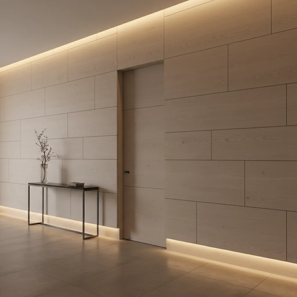 hidden bathroom door integrated into decorative wall panels