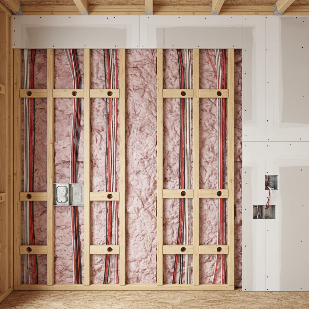 Interior wall cutaway showing electrical wiring running through wooden studs