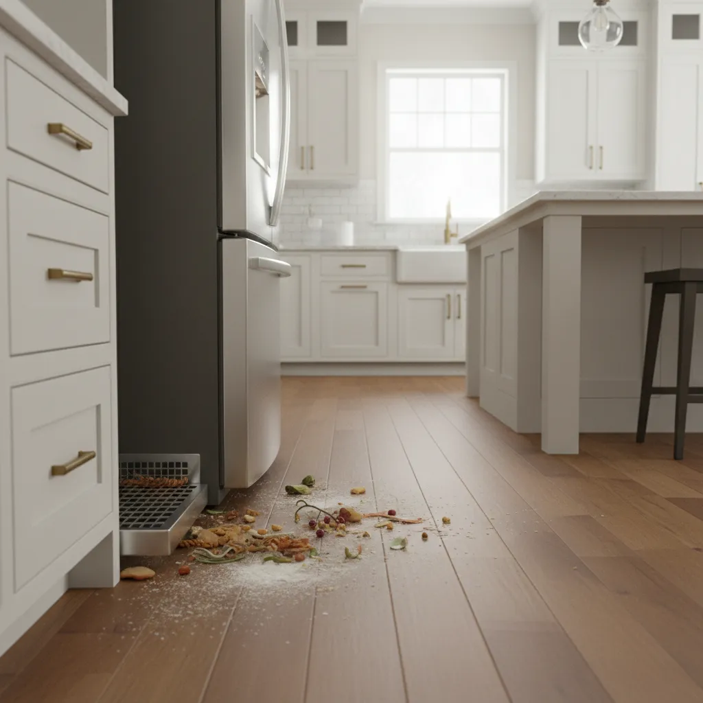 Hidden food scraps under refrigerator attracting flies