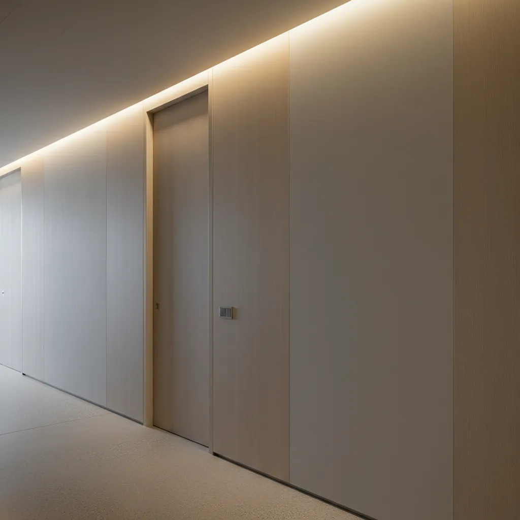 Modern hallway with wood wall panels hidden door warm ceiling light fixture and grey floor