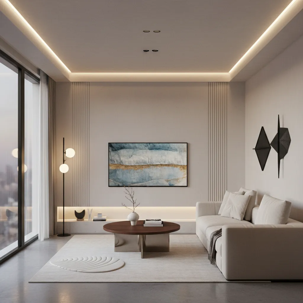 frame TV displaying artwork in a modern small living room