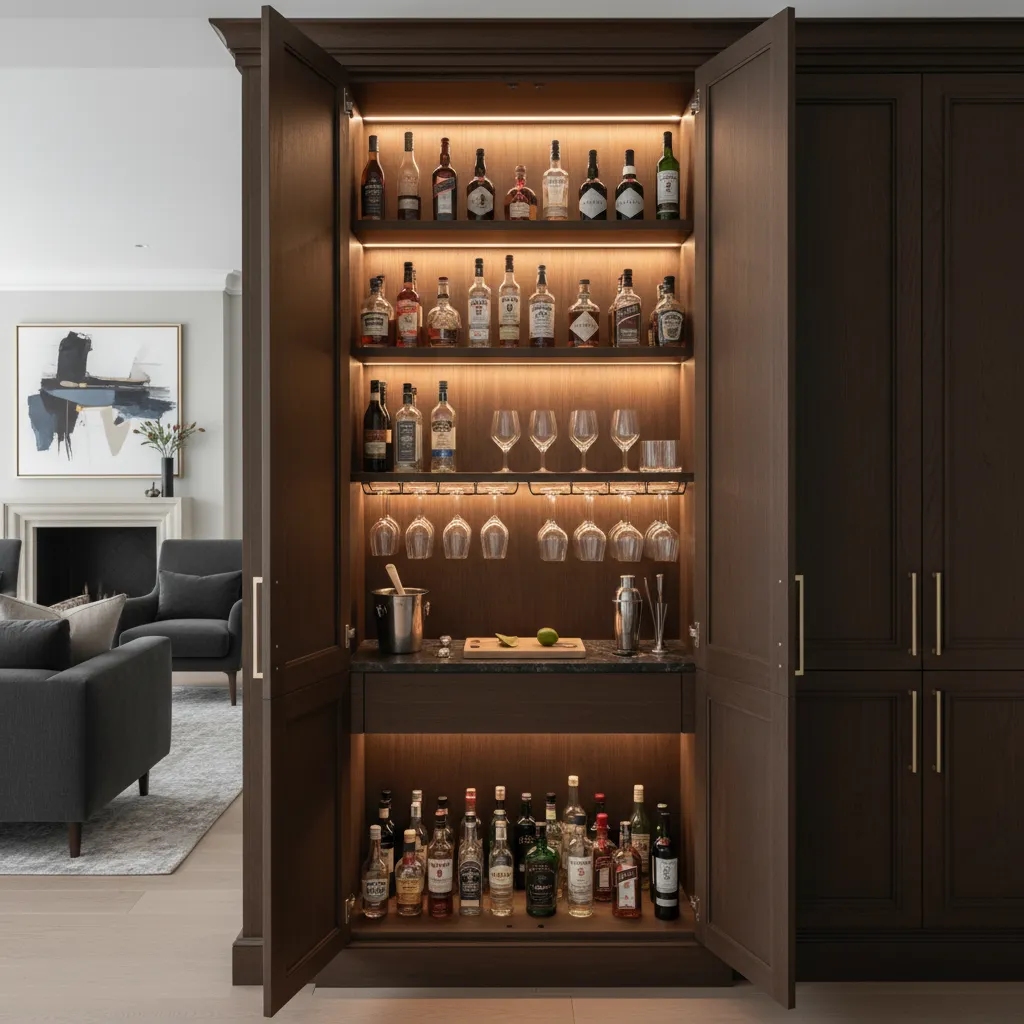 Bar oculto dentro de un armario elegante en el salón