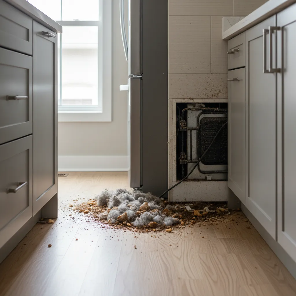 crumbs and residue behind kitchen appliances where insects breed