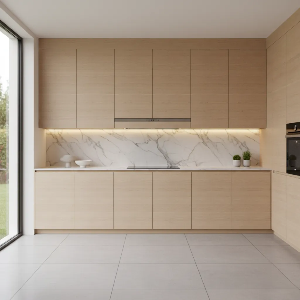 Minimalist kitchen with concealed chimney inside cabinetry