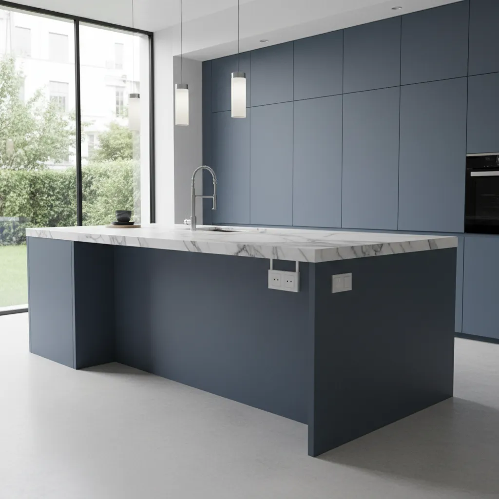 Kitchen island with outlet hidden beneath countertop overhang for discreet design