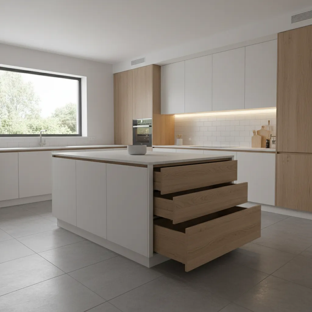 Kitchen island with hidden toe kick drawers and concealed storage