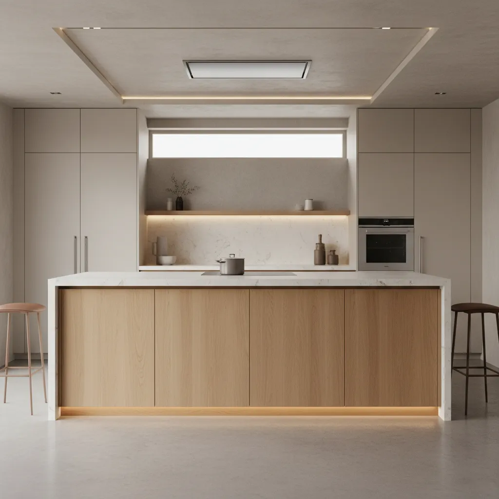 modern kitchen island with hidden push to open storage panels