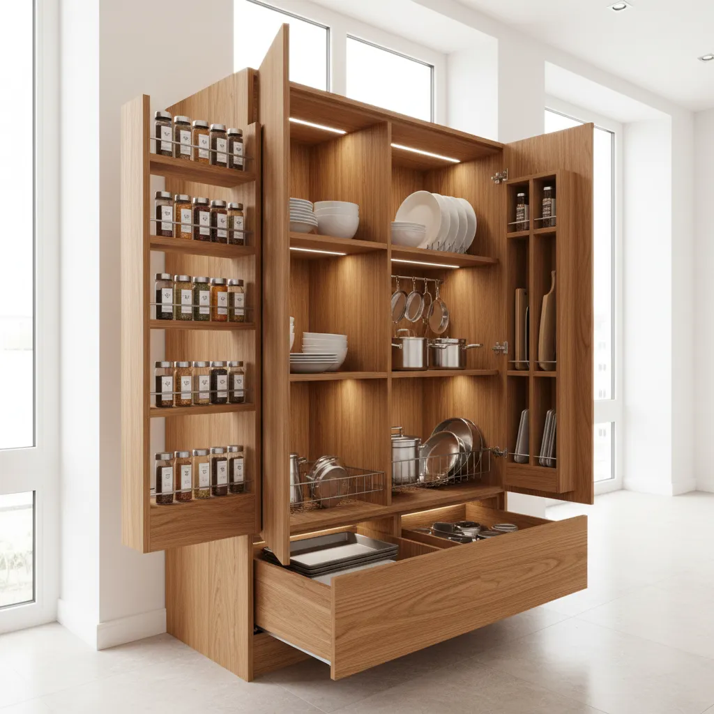 small kitchen cabinet with pull out storage and hidden drawers