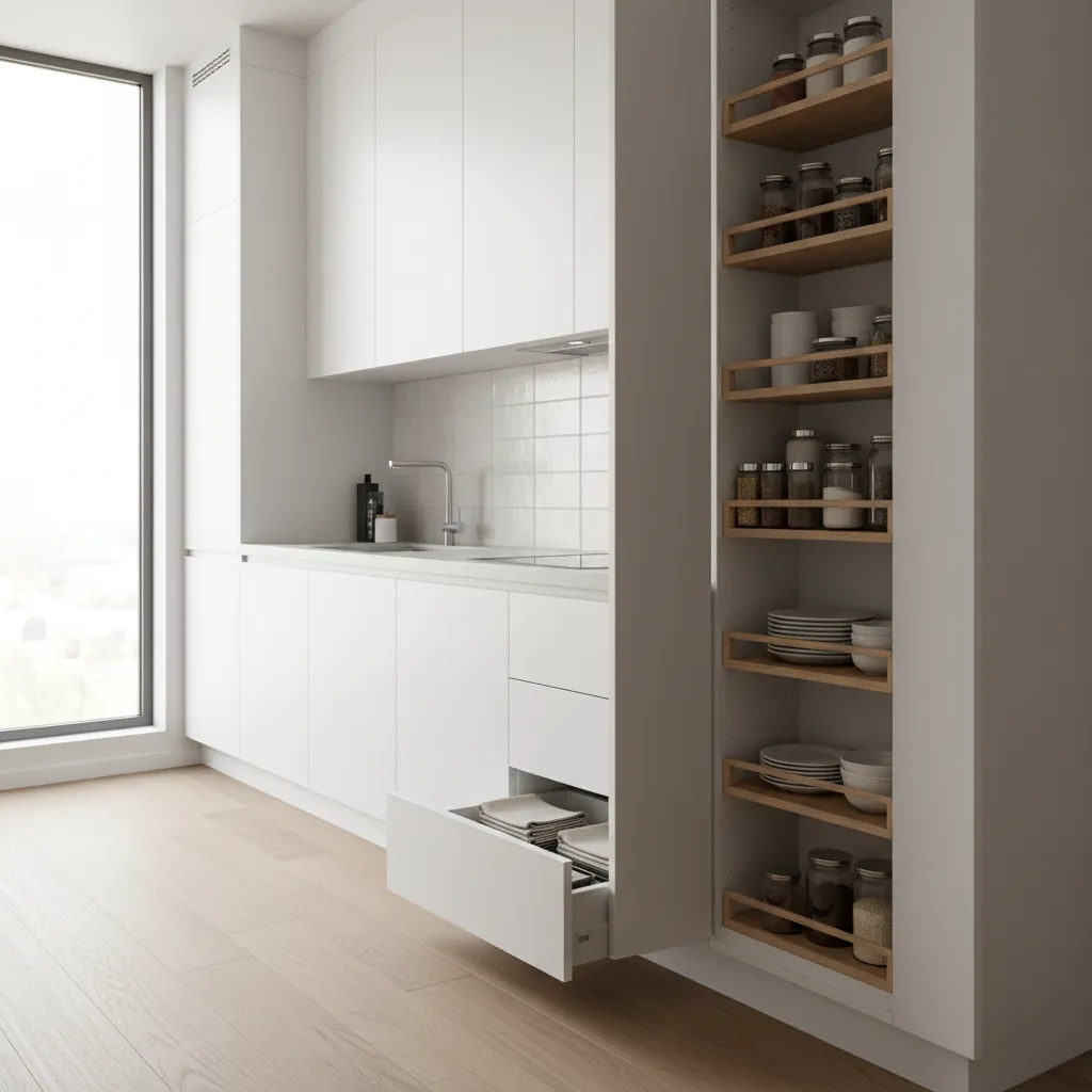 Small kitchen showing hidden storage like pull out pantry and toe kick drawers
