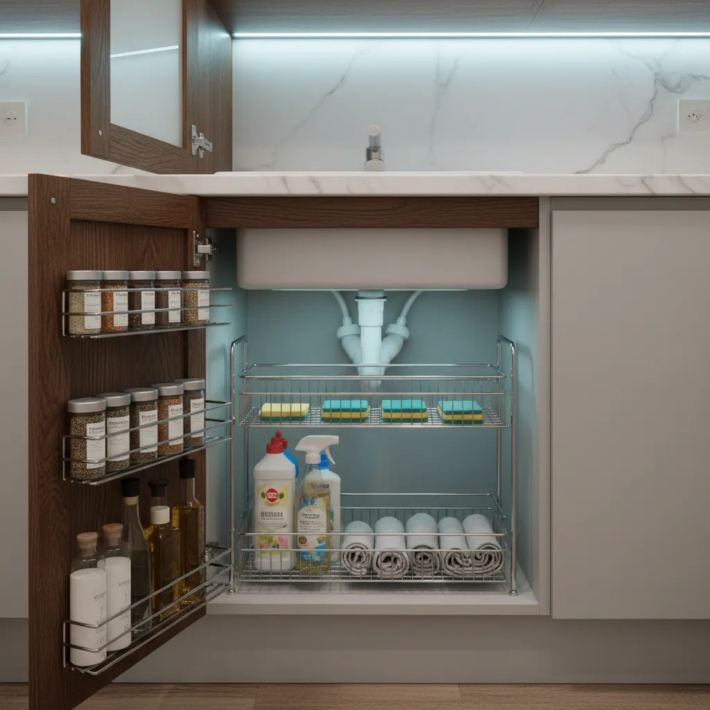 small kitchen cabinet door storage and under sink organizer