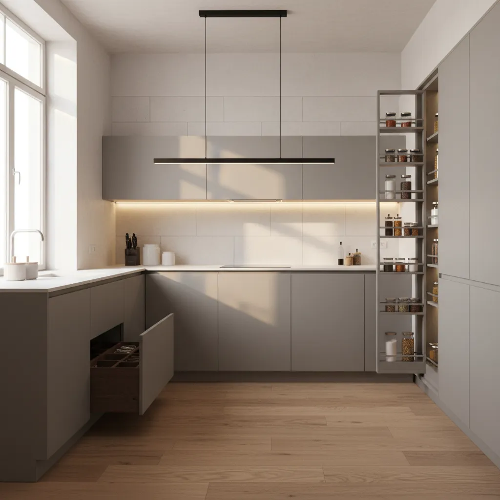 Hidden kitchen storage drawers and toe kick drawer example