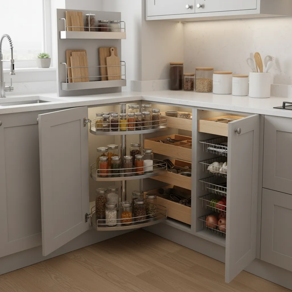 Small kitchen cabinet showing hidden storage solutions