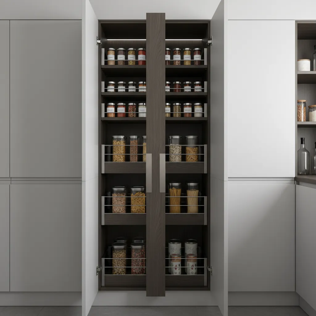 Pull out pantry and hidden storage drawers in a modular kitchen