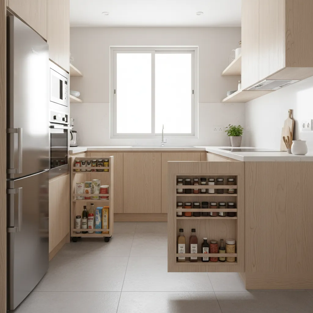 small kitchen with hidden storage like cabinet door racks and narrow rolling pantry