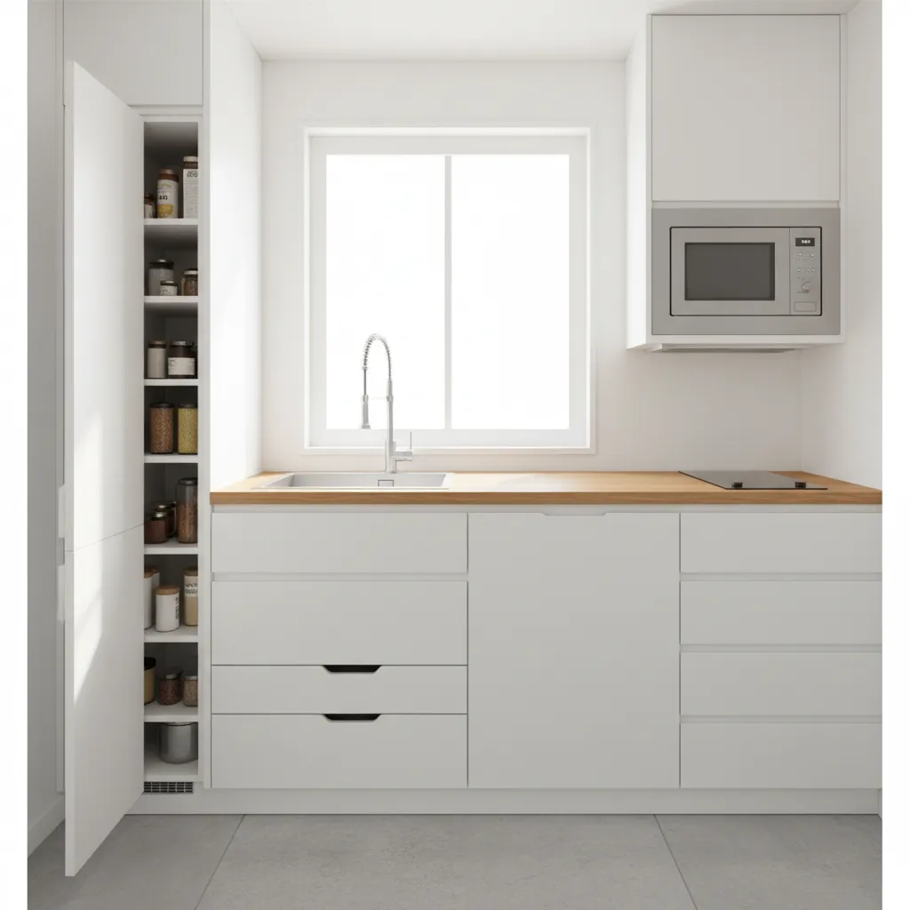 Compact tiny house kitchen with pull out pantry and hidden drawers