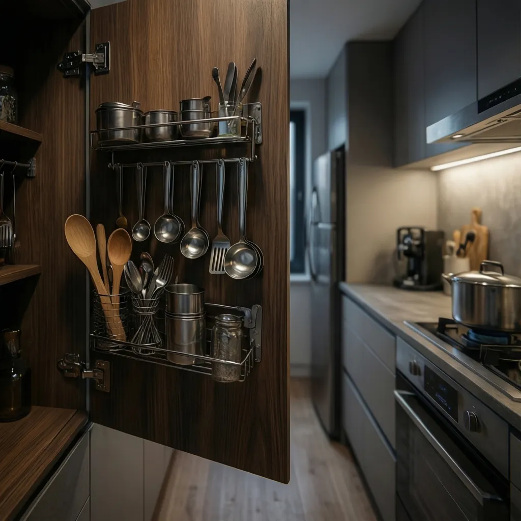 kitchen cabinet door with mounted rack storing measuring spoons