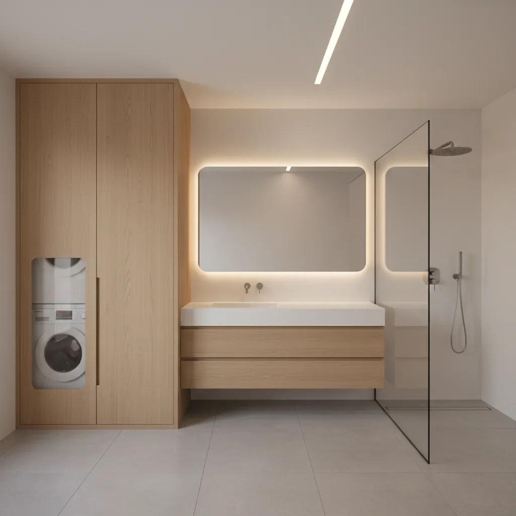 Bathroom cabinet doors hiding stacked washer dryer