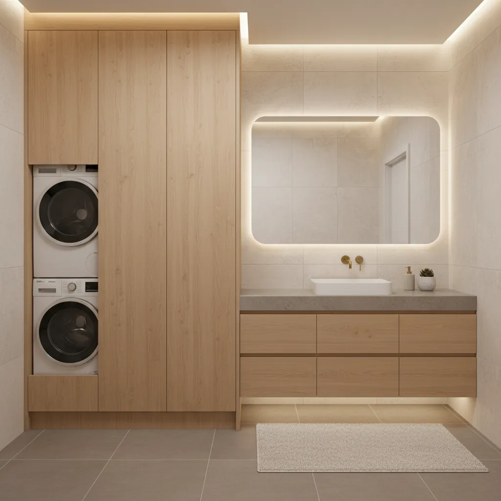 Bathroom cabinet doors concealing stacked washer dryer for cleaner design