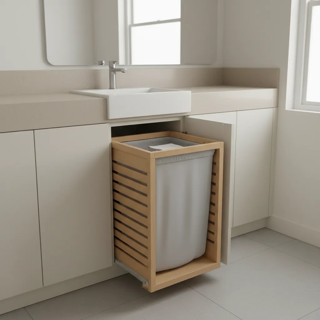 pull-out hidden laundry hamper inside modern cabinet