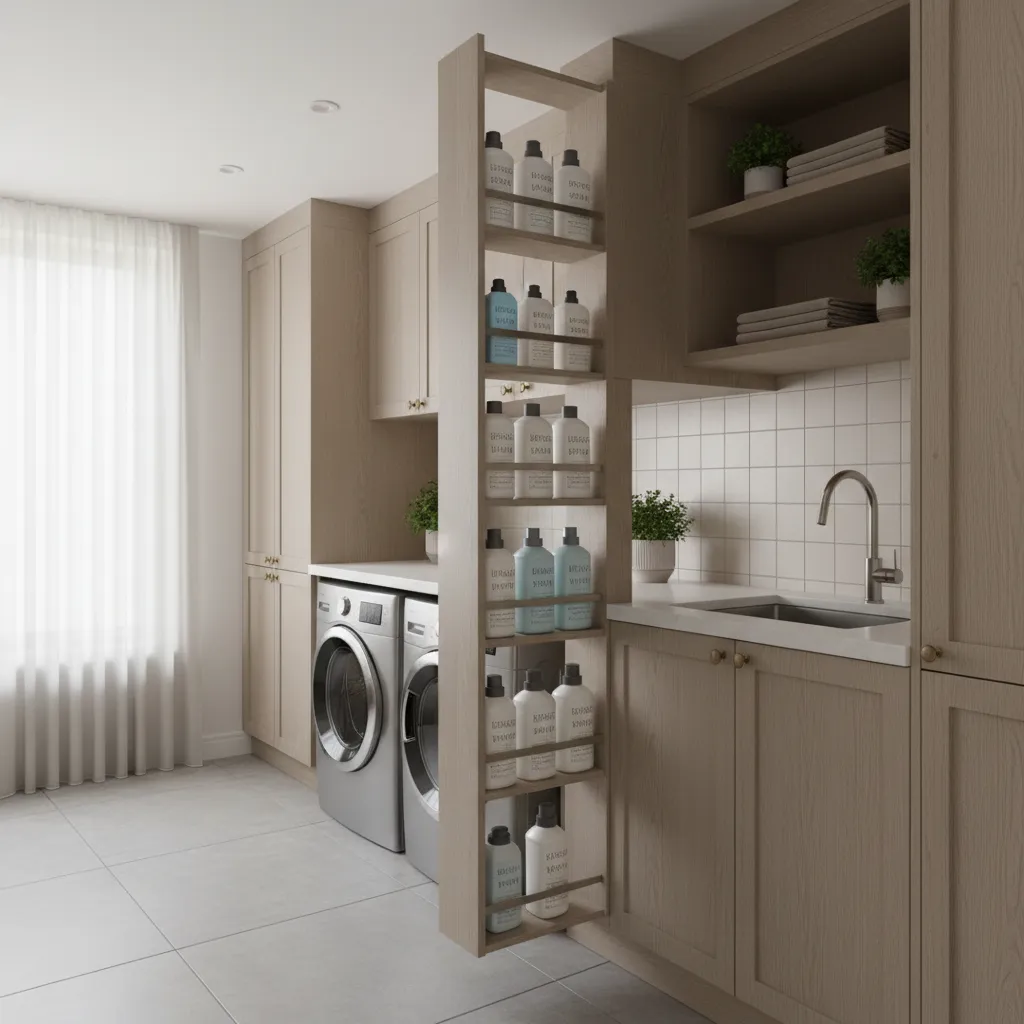 Pull out storage rack for detergents in small laundry room cabinet