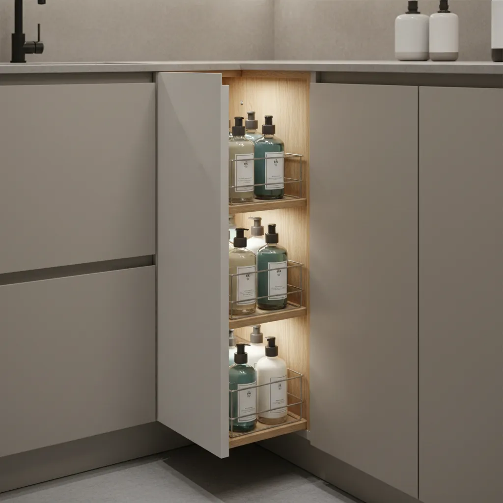 pull out cabinet storage for detergent and laundry supplies