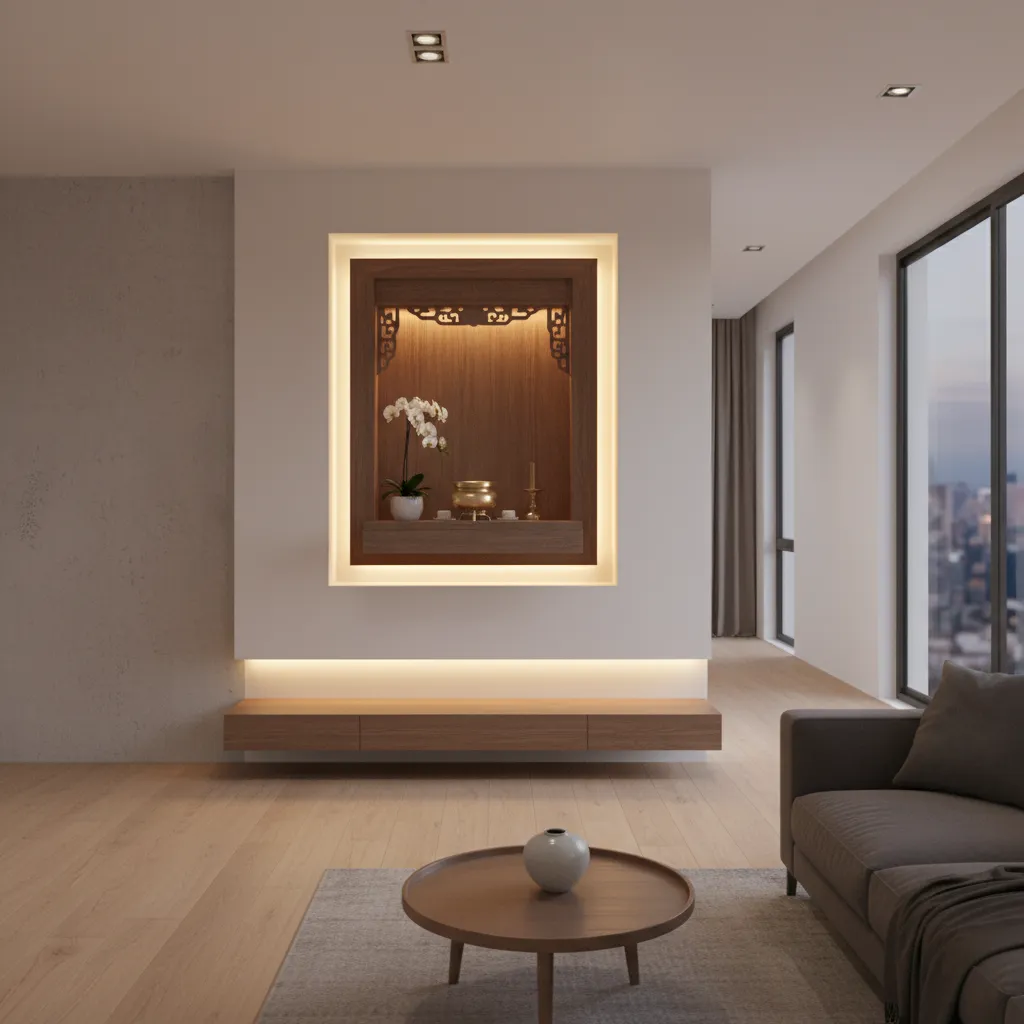 Modern wall altar with warm lighting in a minimalist living room with a grey sofa