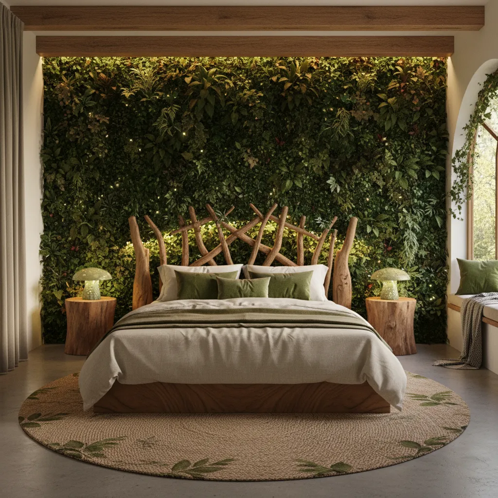 hidden LED lighting behind vines on bedroom wall creating soft glow