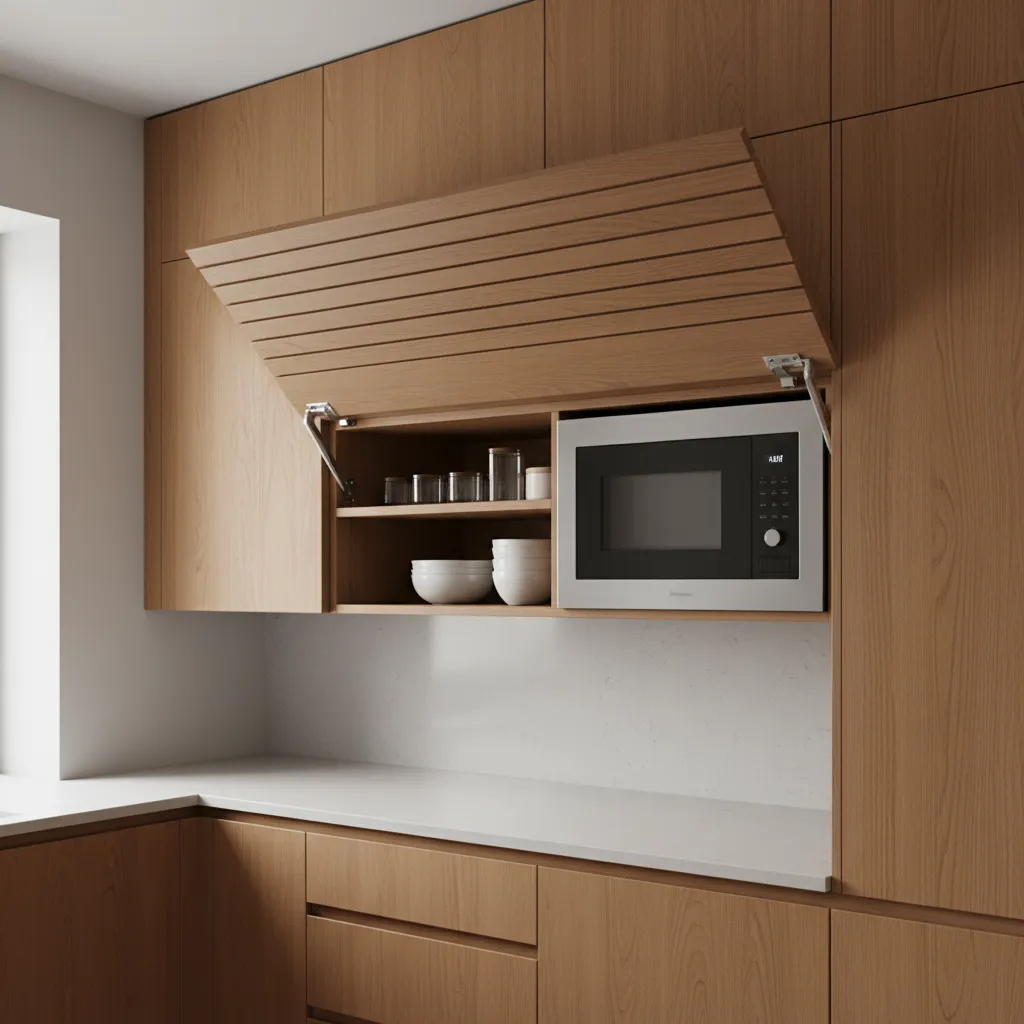 Small kitchen appliance garage cabinet hiding microwave