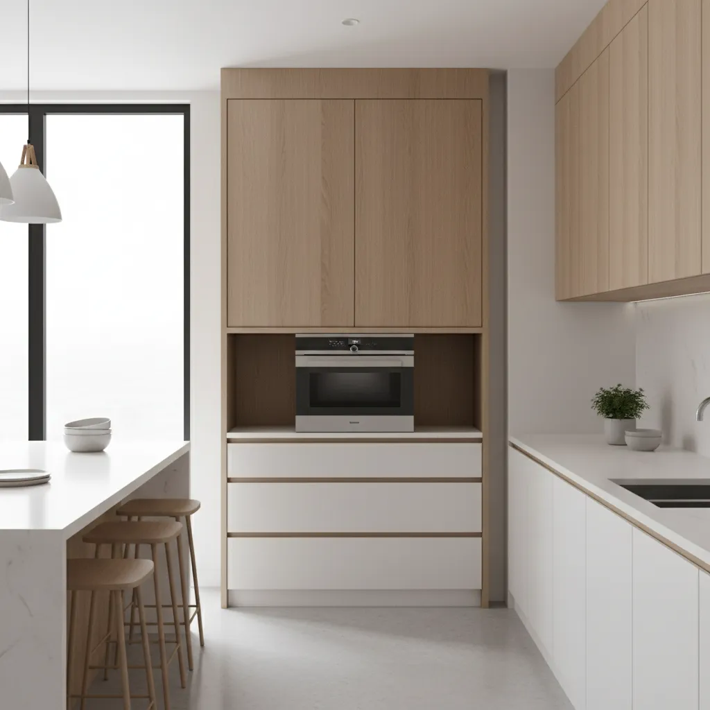 tall pantry cabinet with hidden microwave shelf in modern kitchen