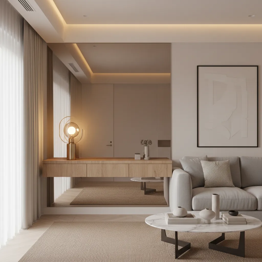 subtle mirror panels behind console table in small apartment living room