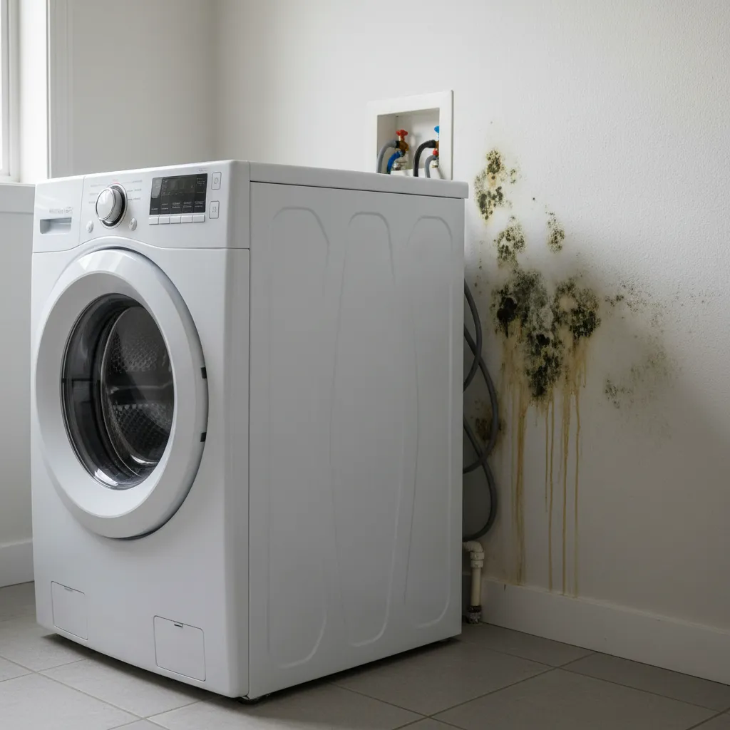 Hidden mold and moisture damage behind washing machine in laundry room
