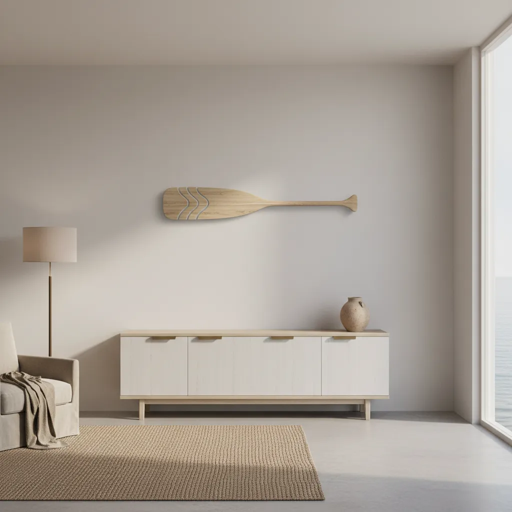 Decorative oar mounted with hidden cleat system appearing to float