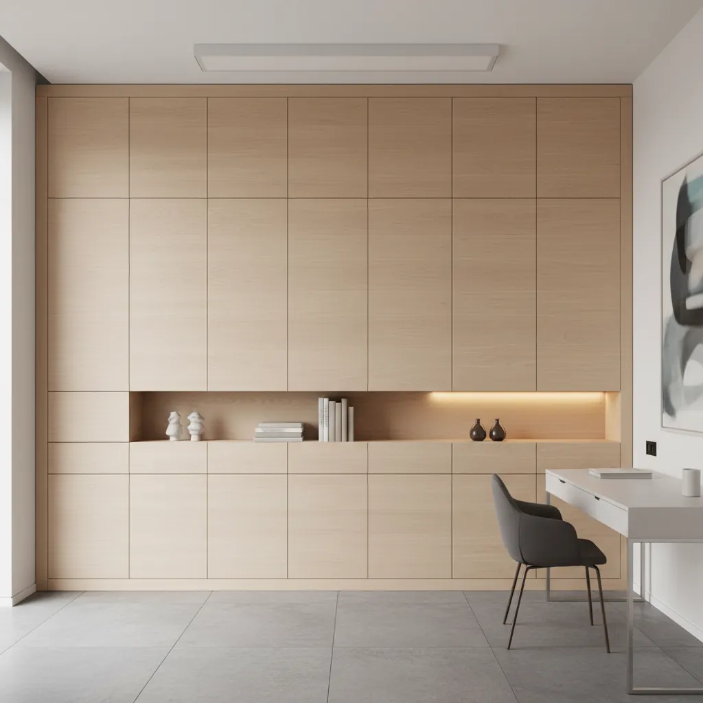 Modern home office featuring wood wall cabinet open shelf white desk and a grey chair