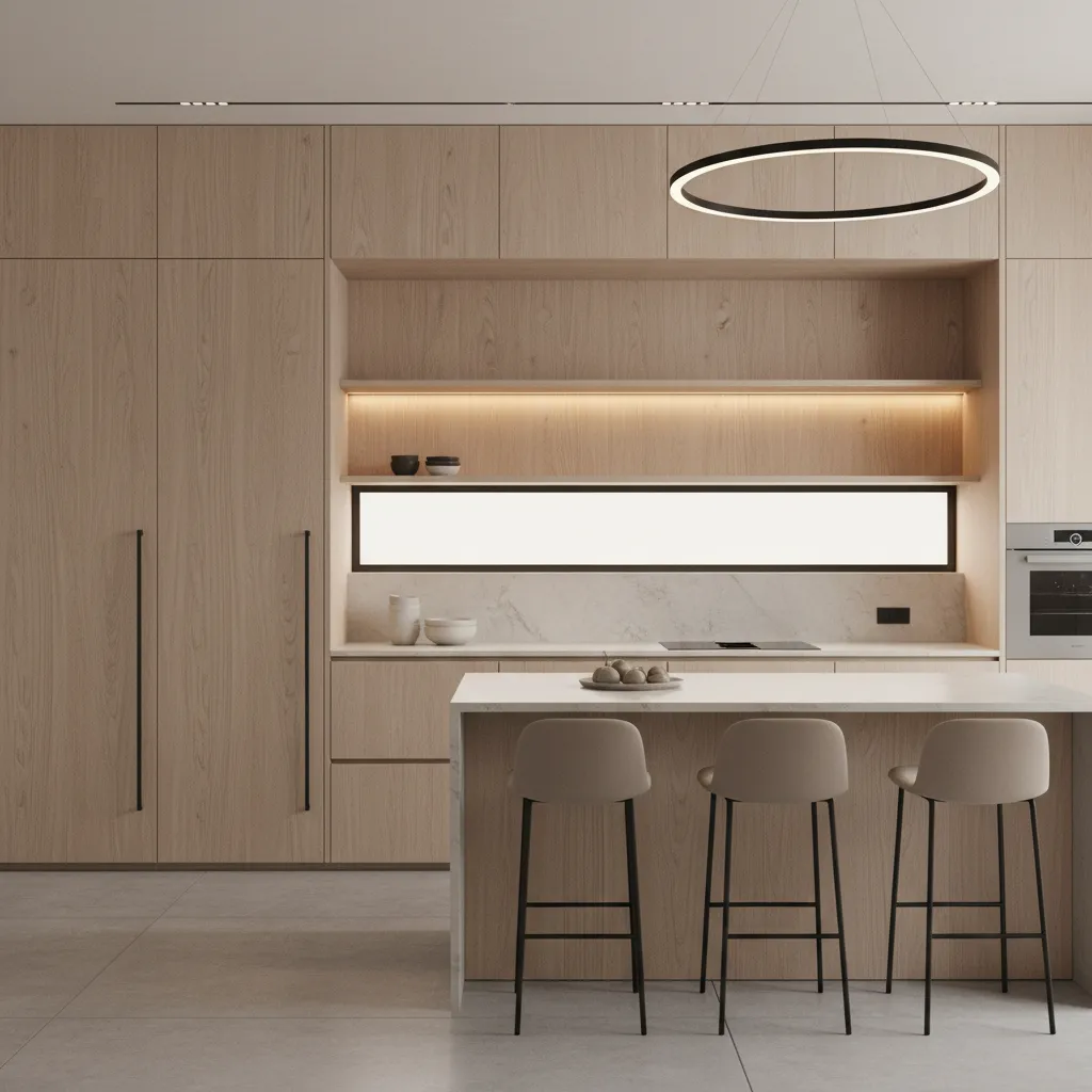 Modern kitchen with concealed pantry door integrated into cabinetry