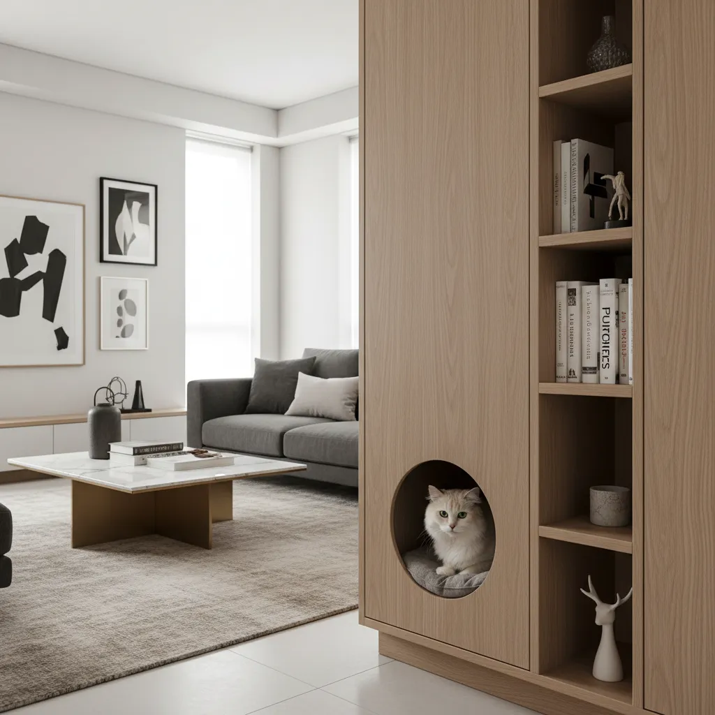 White cat sitting inside wooden cabinet cutout in modern living room with grey sofa furniture