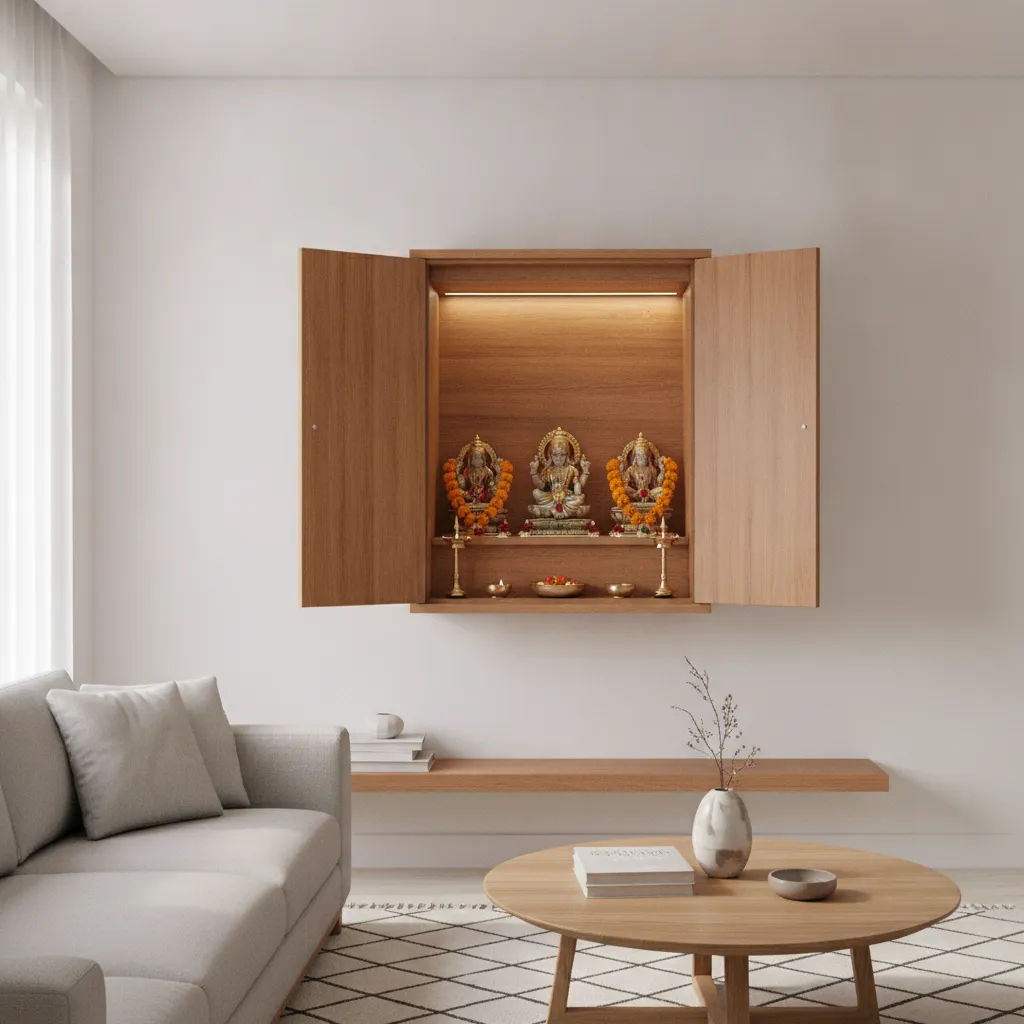 concealed pooja cabinet with wooden folding doors in modern living room