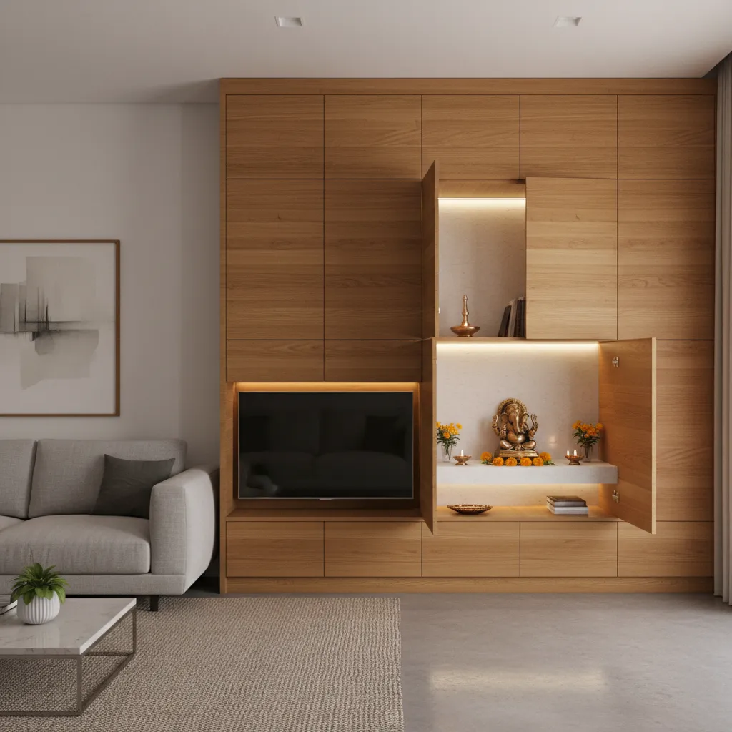 Hidden pooja cupboard integrated inside a modern living room cabinet